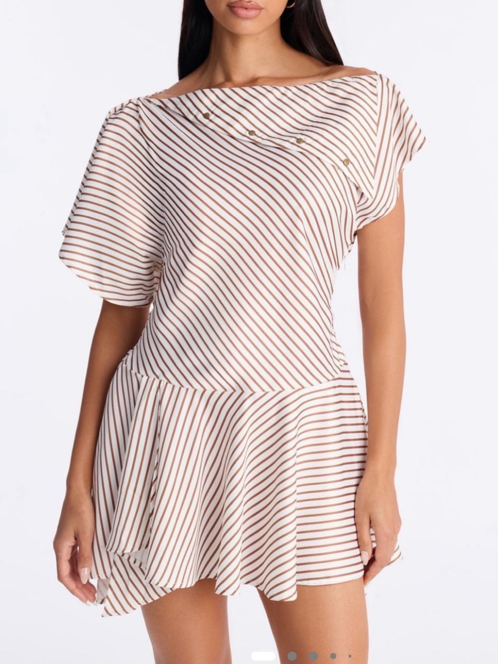 Striped Off-Shoulder Short Dress in Cream and Brown